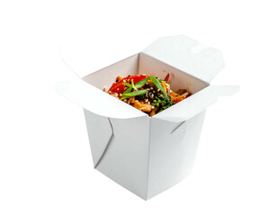 Stir-fried noodles and veggies in a white take-out container sit against a white background