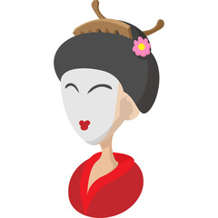 Traditional Japanese Geisha Wearing a Red Kimono and White Face Mask with Pink Flower in Hair Against a Transparent Background