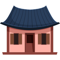 Traditional Japanese Style House With Dark Blue Roof and Pink Walls Featuring Brown Shutters and a Red Door With Transparent Background Simple Architecture