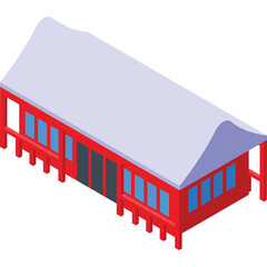 Traditional Red Building with Blue Windows and Light Purple Roof Isolated on White Background Isometric View