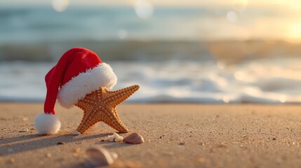 Festive coastal scene featuring a starfish wearing a Santa hat on a sandy beach with soft ocean waves in the background, symbolizing tropical Christmas celebration and holiday vacation atmosphere