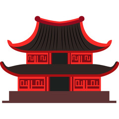 Traditional Asian Pagoda Building with Red and Black Architecture and Intricate Details on a White Background