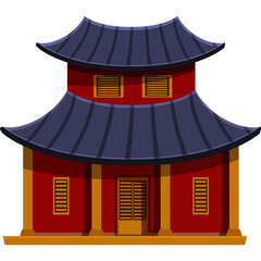 Traditional Asian Pagoda Building With Red Walls Blue Tiled Roof and Yellow Accents Isolated On White Background