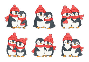 Fototapeta premium Cute cartoon penguins wearing red knitted hats and scarves hugging each other isolated on transparent background