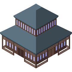 Traditional East Asian Building With Dark Blue Roof And Brown Wooden Structure On A White Background