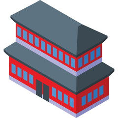 Traditional East Asian Building With Red Walls Blue Windows And Dark Gray Roof Isometric View Isolated On White Background