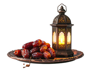 Still-life of dates on ornate platter beside a glowing, decorative lantern
