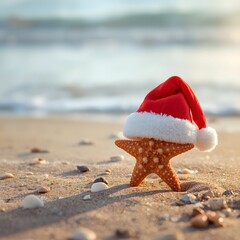 Festive coastal scene featuring a starfish wearing a Santa hat on a sandy beach with soft ocean waves in the background, symbolizing tropical Christmas celebration and holiday vacation atmosphere