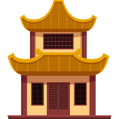 Traditional East Asian Pagoda Building With Golden Roof And Red Accents On A White Background