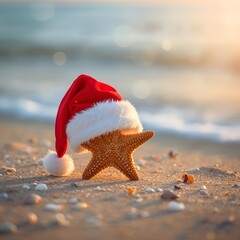 Festive coastal scene featuring a starfish wearing a Santa hat on a sandy beach with soft ocean waves in the background, symbolizing tropical Christmas celebration and holiday vacation atmosphere