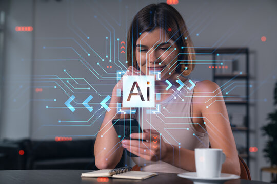 Smiling businesswoman in casual wear holding using smartphone typing at office workplace with notebook. Concept of distant work, business education. Ai icons hologram