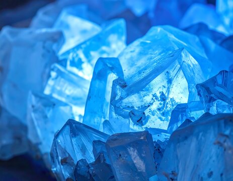 Close-up photo of a cluster of translucent, luminous blue crystals