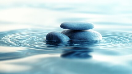 abstract composition featuring stone base in middle of glossy water gentle waves and soft blue tones creating high-end spa and cosmetic visual appeal