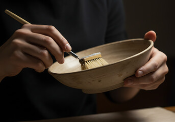 An artisan's hands brushing a handmade ceramic bowl. Close-up of a potter working on clay earthenware in a workshop. Traditional craftsmanship and creative hobby concept