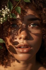 Artistic portrait of a young woman with curly hair and freckles illuminated by warm sunlight and natural shadows through leaves, expressing emotion and beauty in harmony with nature and golden light t
