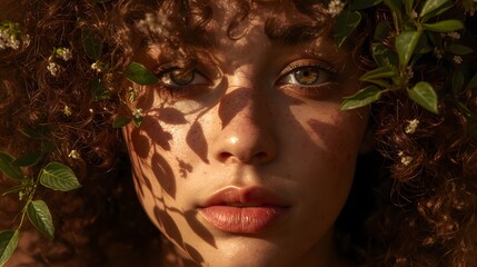Artistic portrait of a young woman with curly hair and freckles illuminated by warm sunlight and natural shadows through leaves, expressing emotion and beauty in harmony with nature and golden light t