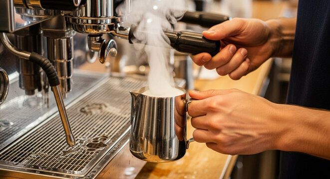 Barista steaming milk with professional coffee machine in cafe, preparing cappuccino - Powered by Adobe