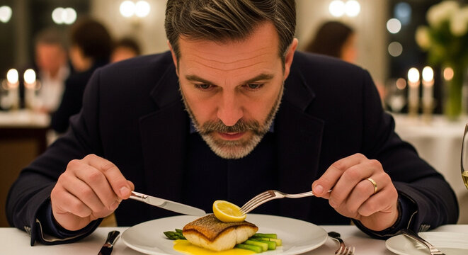 Man in a restaurant looking at a fish dish with asparagus and lemon, ready to eat it with cutlery