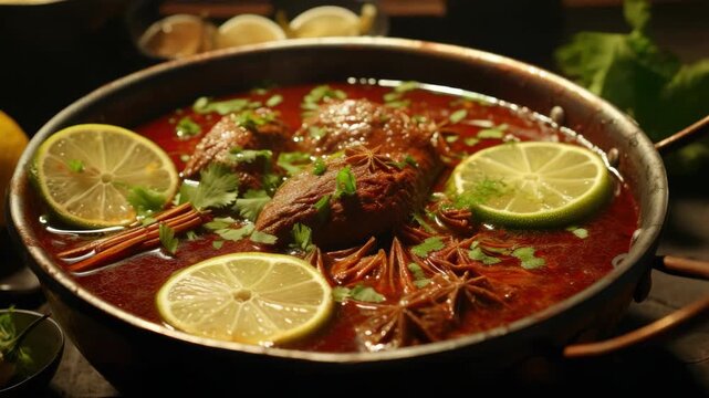 Close-up of vibrant red soup filled with chunks of meat, whole spices, and garnished with fresh herbs and a slice of lemon.