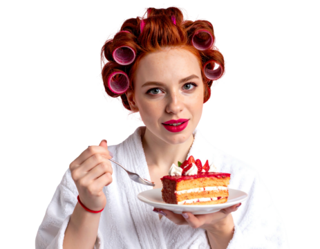 Woman in robe, hair curlers, eating cake with strawberries, plate held in hand, on a transparent background