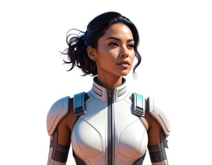Woman in sci-fi suit gazes confidently against orange background. Detailed face, futuristic white and blue armor