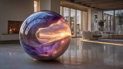 Captivating Spherical Art Piece with Vibrant Swirling Landscape Reflecting Warm Hues and Natural Light in a Stylish Interior.