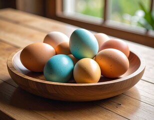 A wooden bowl of eggs, some dyed, sits on a table