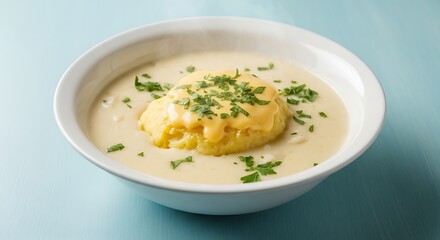 A warm bowl of creamy white soup featuring a golden cheese dumpling, garnished with fresh chopped parsley.
