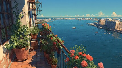 Charming Balcony with Flowers and Potted Plant Overlooking Water and City. A Generative AI Artwork Capturing the Essence of Urban Tranquility.