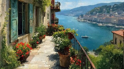Charming Balcony with Flowers and Potted Plant Overlooking Water and City. A Generative AI Artwork Capturing the Essence of Urban Tranquility.