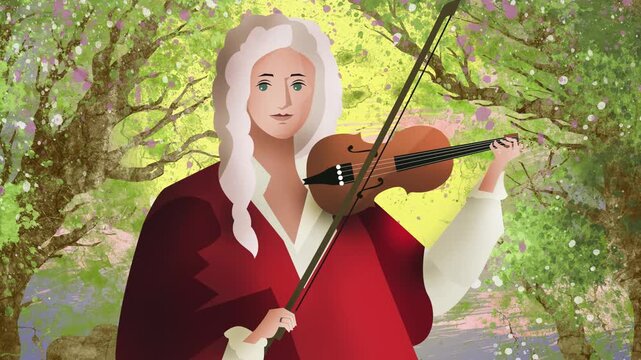 great violin player playing music with the four seasons behind him