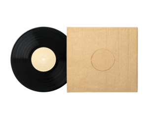 Vinyl record next to a plain cardboard jacket, angled on a black background, showcasing a nostalgic vintage musical format