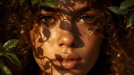 Artistic portrait of a young woman with curly hair and freckles illuminated by warm sunlight and natural shadows through leaves, expressing emotion and beauty in harmony with nature and golden light t