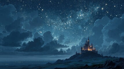 
Enchanted Castle Glowing Under a Starry Night Sky. A Magical, Dreamy, and Ethereal Atmosphere Captured in Art.
