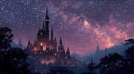 
Enchanted Castle Glowing Under a Starry Night Sky. A Magical, Dreamy, and Ethereal Atmosphere Captured in Art.
