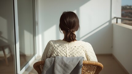 Peaceful morning scene of a woman sitting on a balcony in sunlight, wrapped in a cozy sweater and blanket, enjoying quiet solitude and minimalist comfort in a serene contemporary home setting