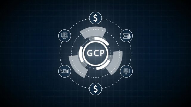 Google Cloud Platform GCP abstract digital interface with icons and grid background Keywords: GCP, Google Cloud Platform, cloud computing, technology, digital, interface, abstract, data