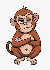 Obraz premium A stylized cartoon monkey, with a sarcastic, unprepared expression, a raised eyebrow and a slight smile, sits with comfortable confidence, arms folded horizontally.