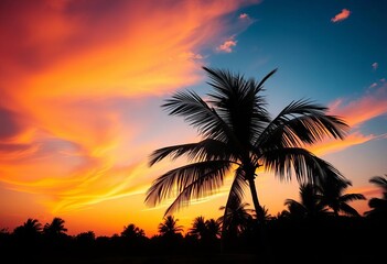 Tropical palm tree silhouette forming a natural frame against a vibrant sunset,   holiday,   tropical frame