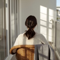 Peaceful morning scene of a woman sitting on a balcony in sunlight, wrapped in a cozy sweater and blanket, enjoying quiet solitude and minimalist comfort in a serene contemporary home setting