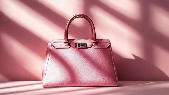 A stylish pink handbag sits in a studio with soft lighting and cast shadows.