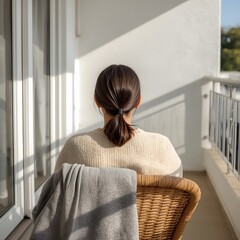 Peaceful morning scene of a woman sitting on a balcony in sunlight, wrapped in a cozy sweater and blanket, enjoying quiet solitude and minimalist comfort in a serene contemporary home setting