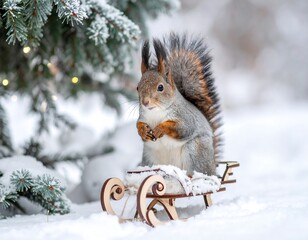 Adorable squirrel perched on a miniature sled in snowy winter wonderland