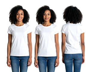 Woman in white t-shirt and jeans, front and back views, smiling with curly dark hair against a black background