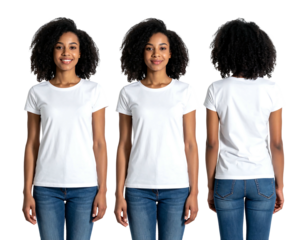 Woman in white t-shirt and jeans, front and back views, smiling with curly dark hair against a black background