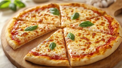 Margherita pizza with melted mozzarella and fresh basil leaves on a wooden board.