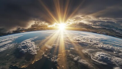 A celestial view from above, earth and clouds encircled by a sunlit atmosphere