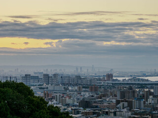 夜明け前の神戸市街地と大阪湾を隔てた大阪の市街地