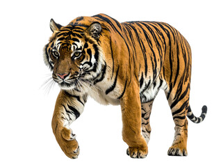 Striking tiger walks forward, with distinctive dark stripes and orange coat against a black background
