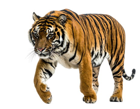 Striking tiger walks forward, with distinctive dark stripes and orange coat against a black background